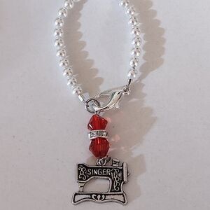 Hand Crafted Cup Mug Charm White Pearl and Red Singer Sewing Machine Charm
